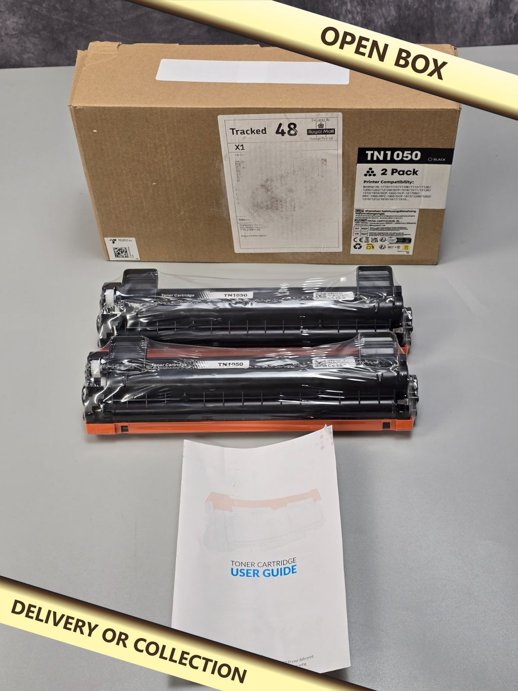 Brother TN1050 2 pack Black Toner Cartidges — photograph 1 — Open box; auction delivery information shown on image
