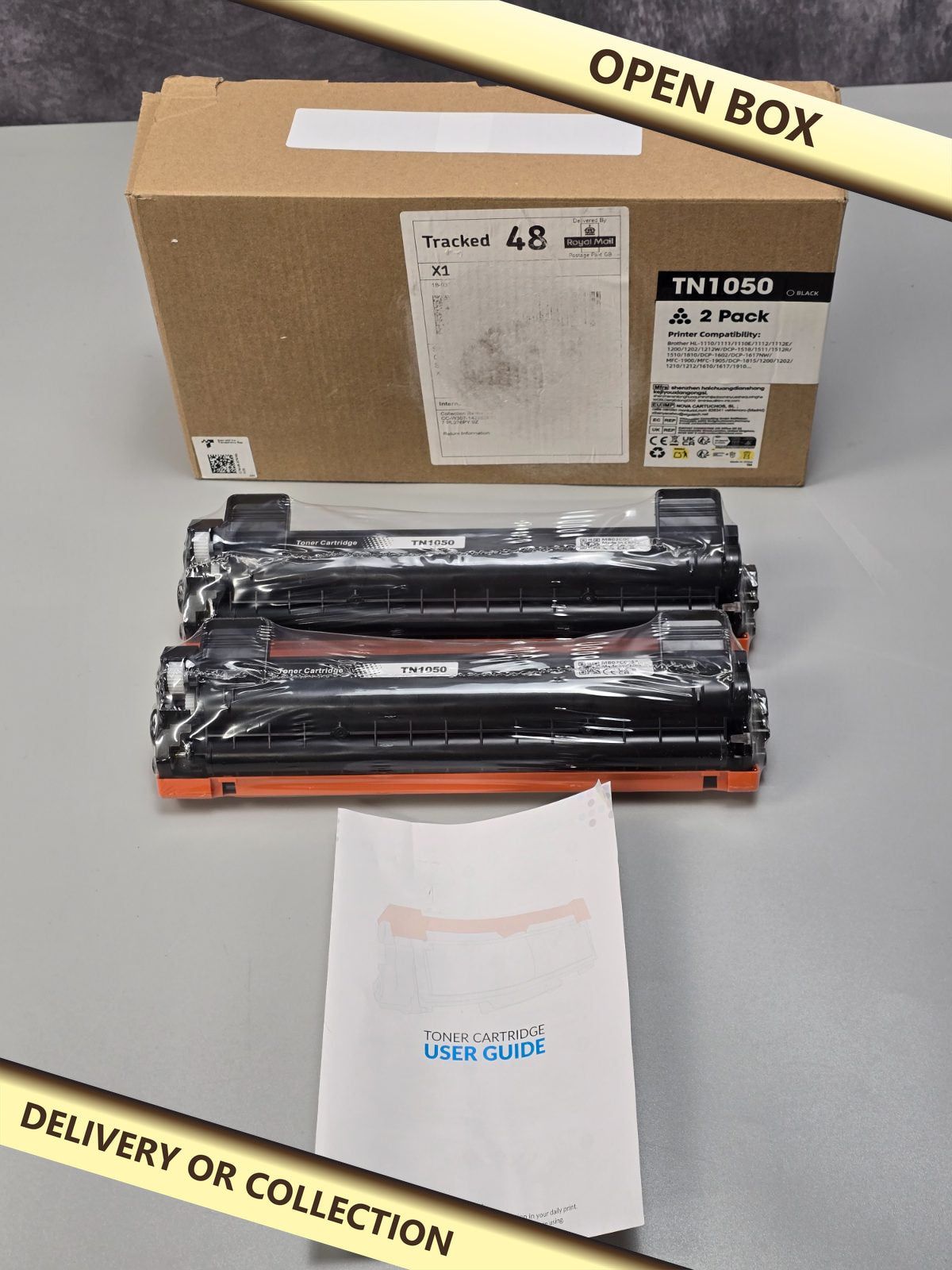 Brother TN1050 2 pack Black Toner Cartidges — photograph 1 — Open box; auction delivery information shown on image