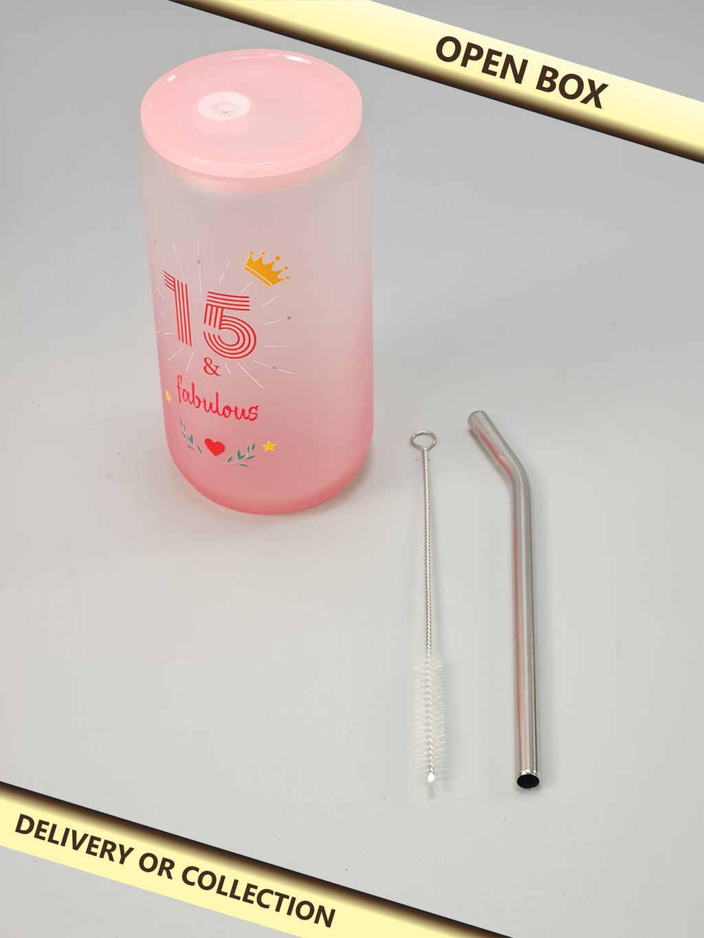 Glass Mug with Lid and Straw — photograph 1 — Open box; auction delivery information shown on image