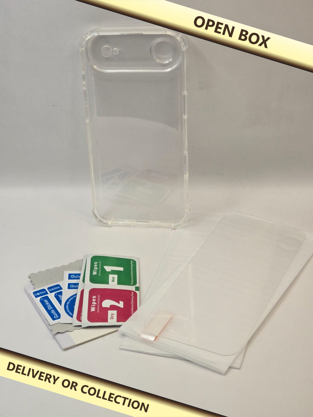 Google Pixel 8 - Clear case + 2 screen protectors — photograph 1 — Open box; auction delivery information shown on image