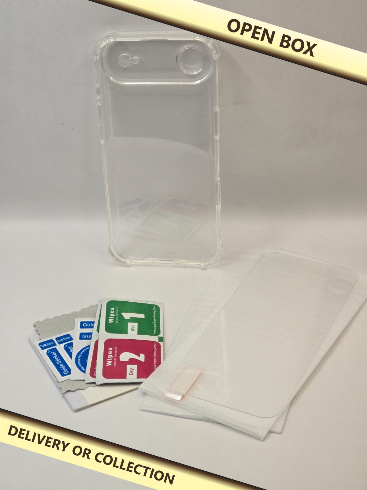 Google Pixel 8 - Clear case + 2 screen protectors — photograph 1 — Open box; auction delivery information shown on image