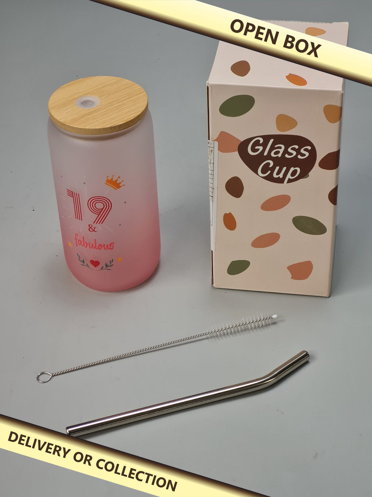 19 & Fabulous Glass Cup Gift Since 2006 — photograph 1 — Open box; auction delivery information shown on image