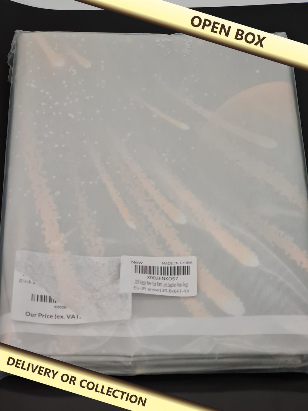 2026 happy new banner supplies — photograph 1 — Open box; auction delivery information shown on image