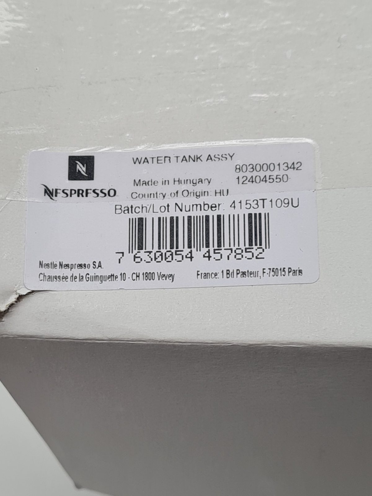 Nespresso Coffee Machine Water Tank Assembly 8030001342 / 12404550 — photograph 2