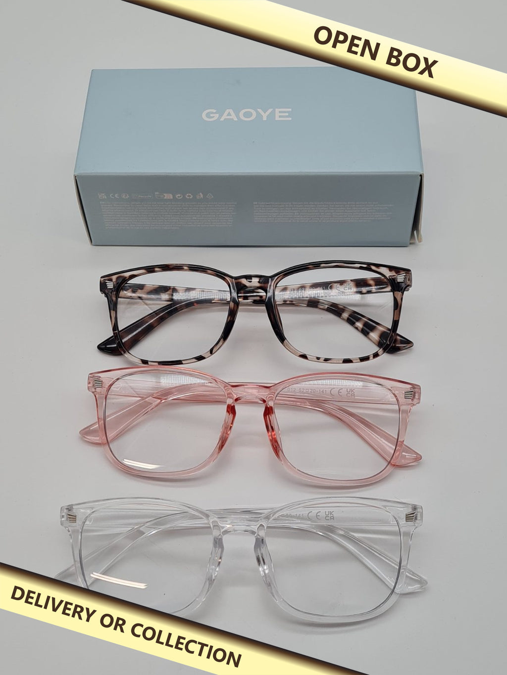 GAOYE Set of 3 Clear-Lens Glasses Blue Light Filtering — photograph 1 — Open box; auction delivery information shown on image