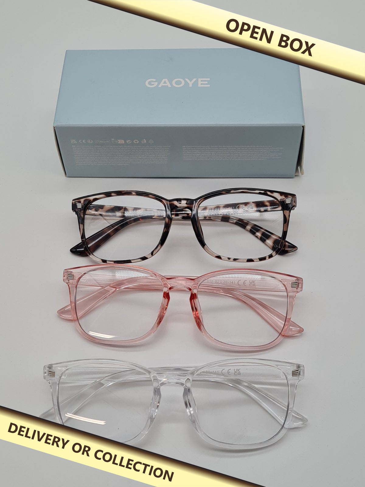 GAOYE Set of 3 Clear-Lens Glasses Blue Light Filtering — photograph 1 — Open box; auction delivery information shown on image