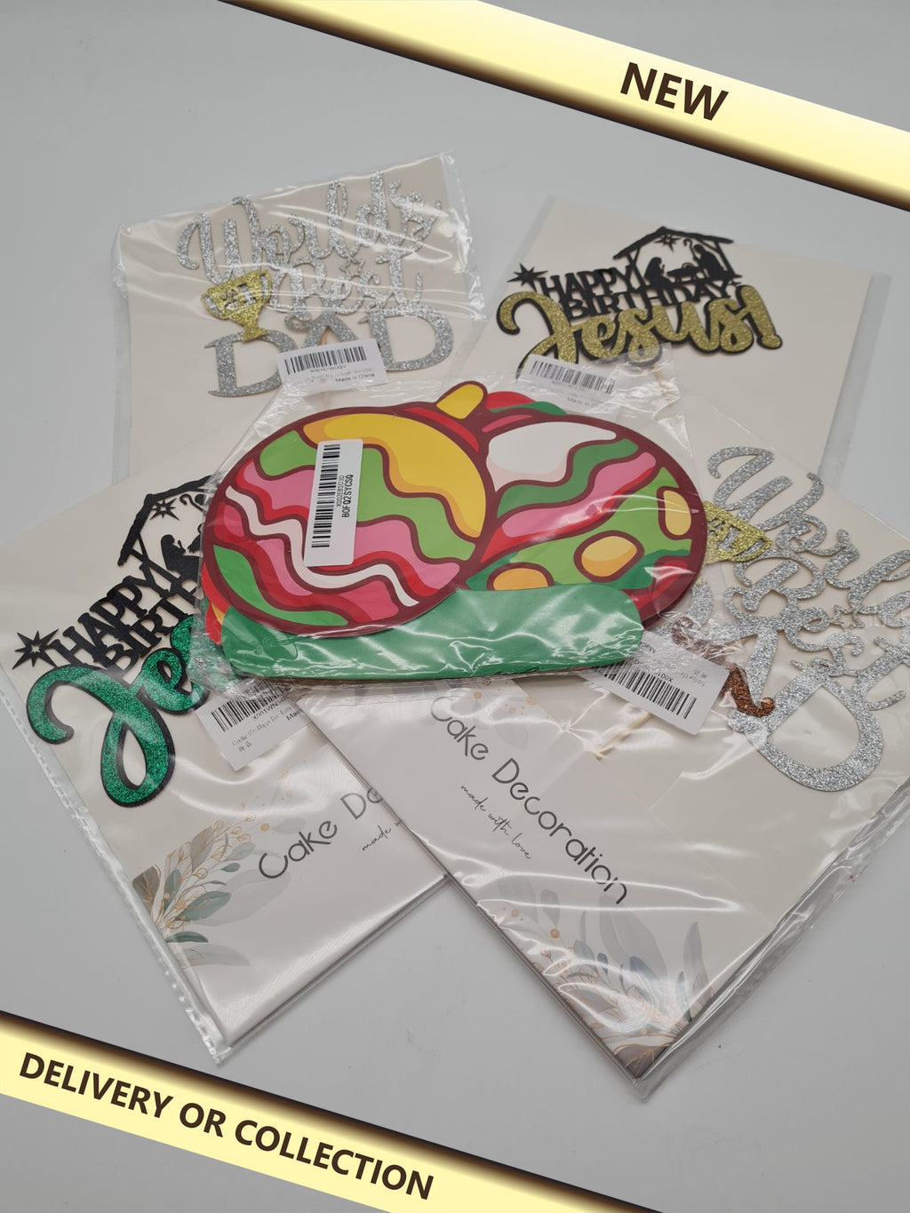 5 packs of a variety of cake toppers — photograph 1 — New; auction delivery information shown on image