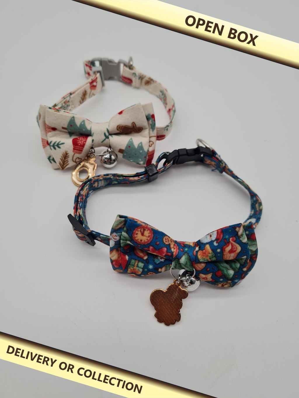 Set of 2 Christmas Cat Collars with Bow Ties and Bells — photograph 1 — Open box; auction delivery information shown on image