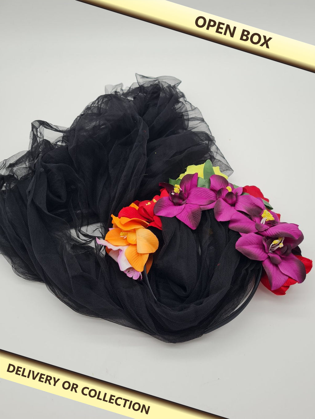 Day of the Dead Floral Headband with Veil — photograph 1 — Open box; auction delivery information shown on image