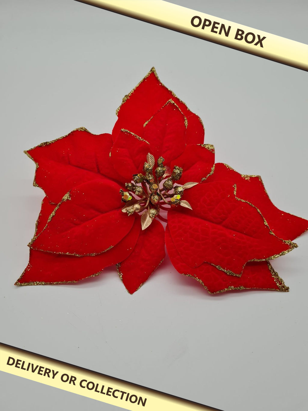 6 pack of Artificial Poinsettia Christmas Decorations — photograph 1 — Open box; auction delivery information shown on image