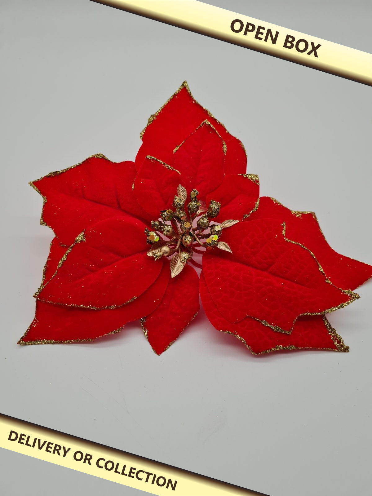 6 pack of Artificial Poinsettia Christmas Decorations — photograph 1 — Open box; auction delivery information shown on image