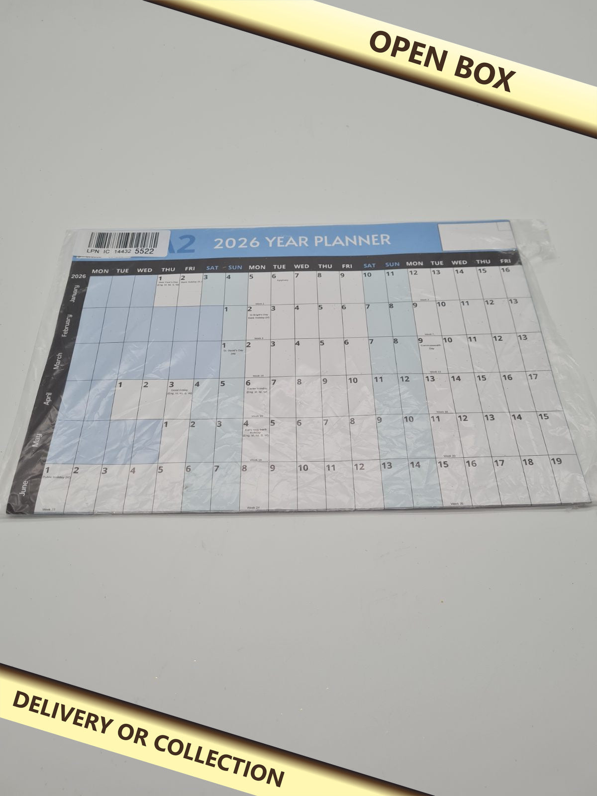 A2 2026 Year Planner — photograph 1 — Open box; auction delivery information shown on image