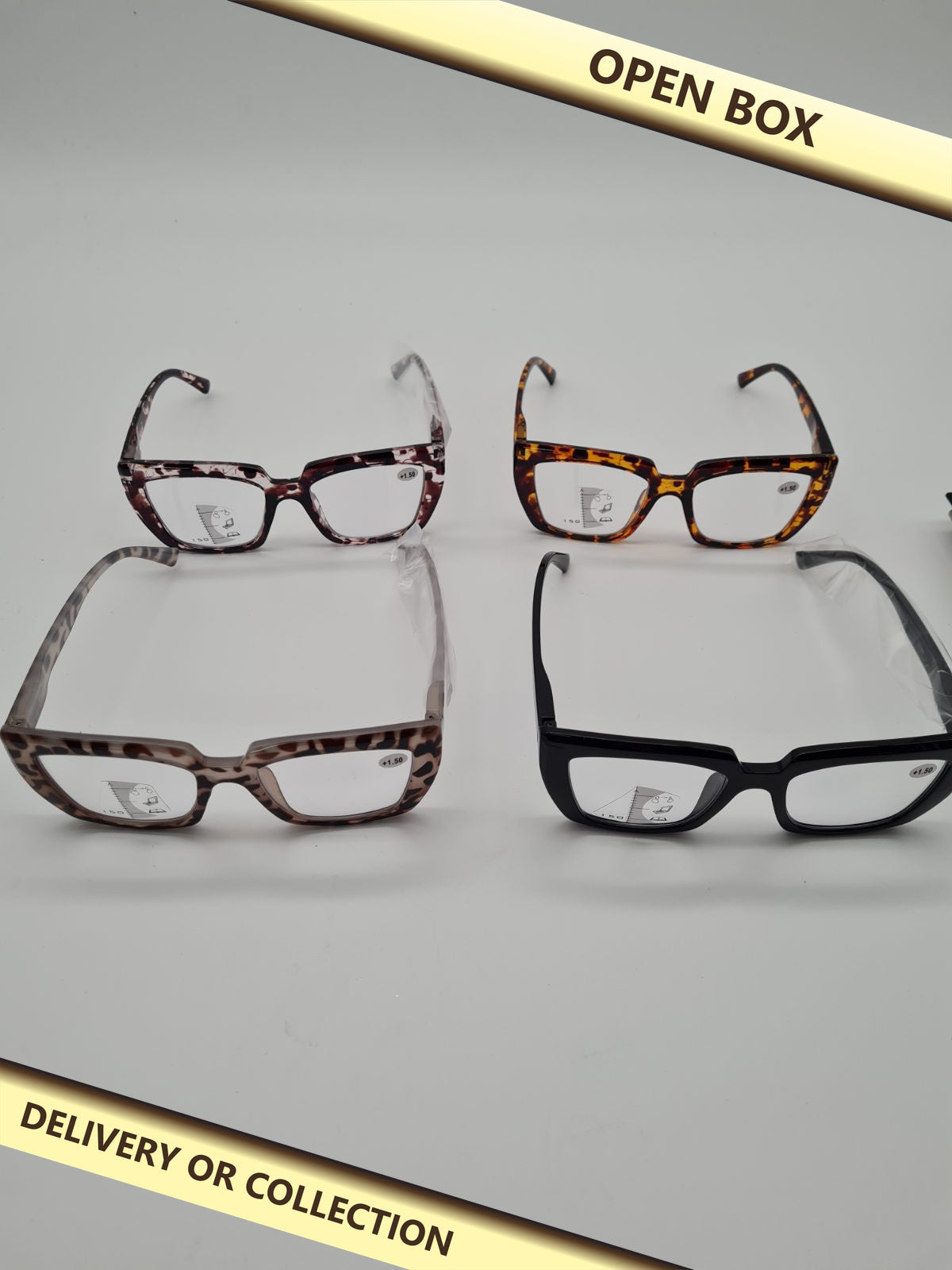 4-Pack Progressive Reading Glasses, Labelled +1.5 — photograph 1 — Open box; auction delivery information shown on image