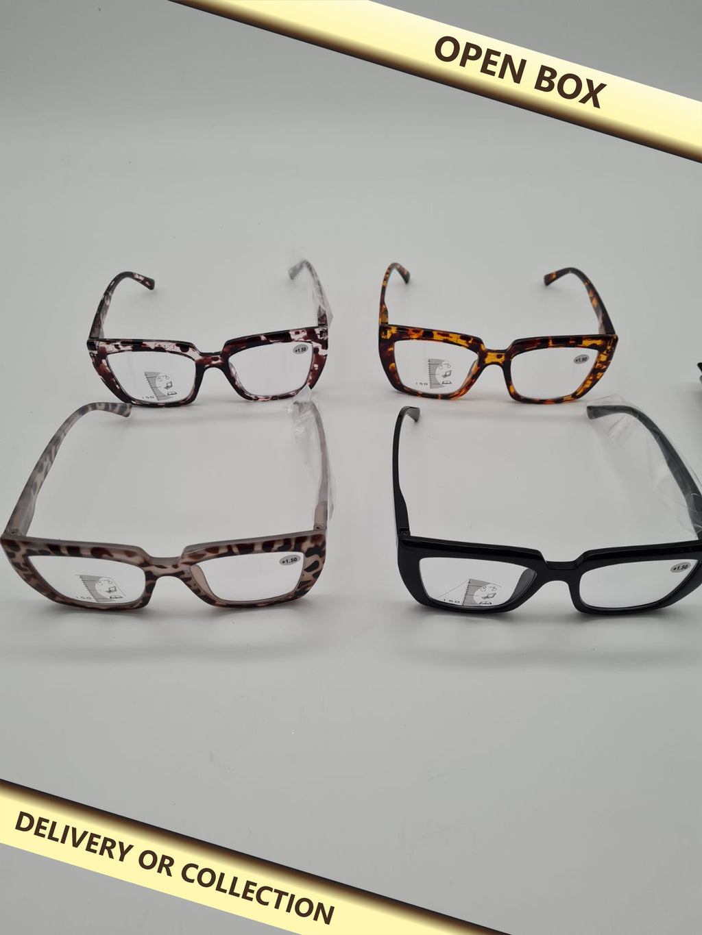4-Pack Progressive Reading Glasses, Labelled +1.5 — photograph 1 — Open box; auction delivery information shown on image