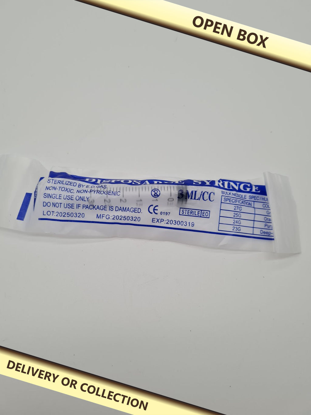 20 pack of individual 3 ml/cc Disposable Syringe — photograph 1 — Open box; auction delivery information shown on image