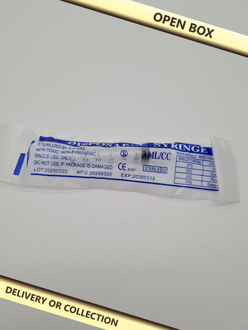 20 pack of individual 3 ml/cc Disposable Syringe — photograph 1 — Open box; auction delivery information shown on image