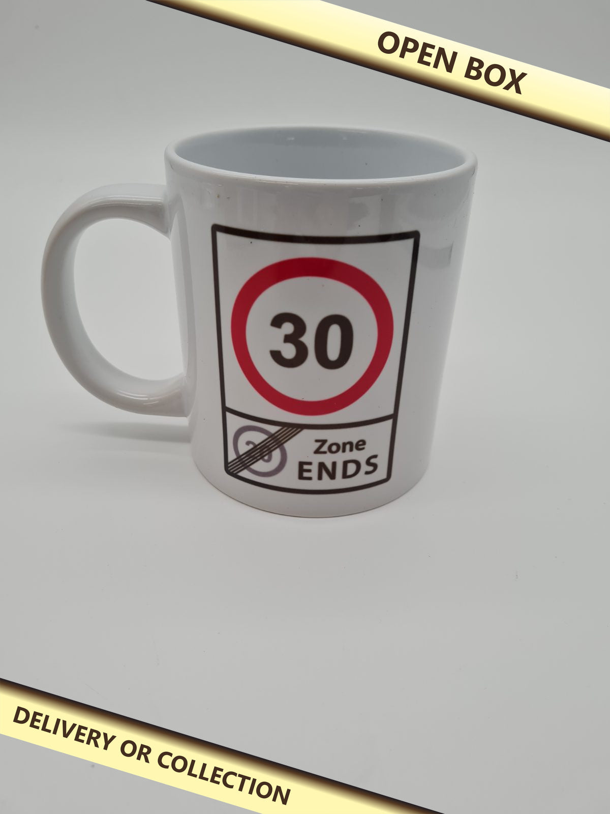 30 Zone Ends Novelty Mug — photograph 1 — Open box; auction delivery information shown on image
