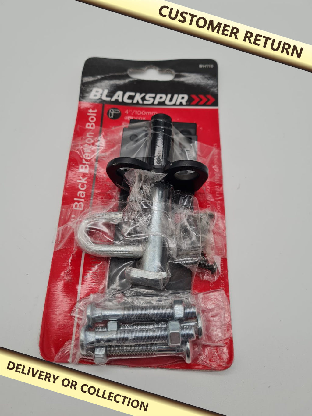 4-inch (100 mm) Brenton bolt — photograph 1 — Customer return; auction delivery information shown on image