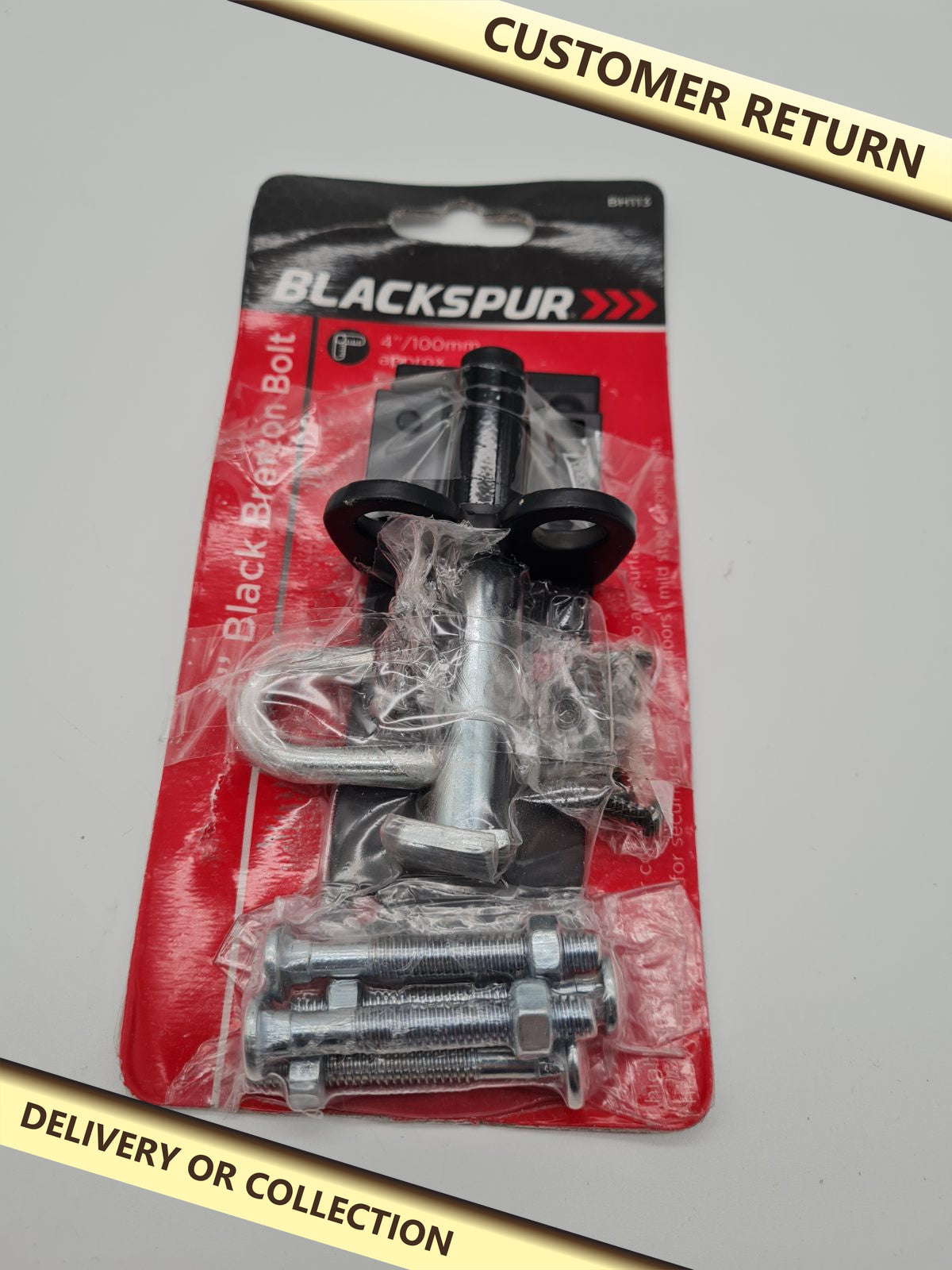 4-inch (100 mm) Brenton bolt — photograph 1 — Customer return; auction delivery information shown on image
