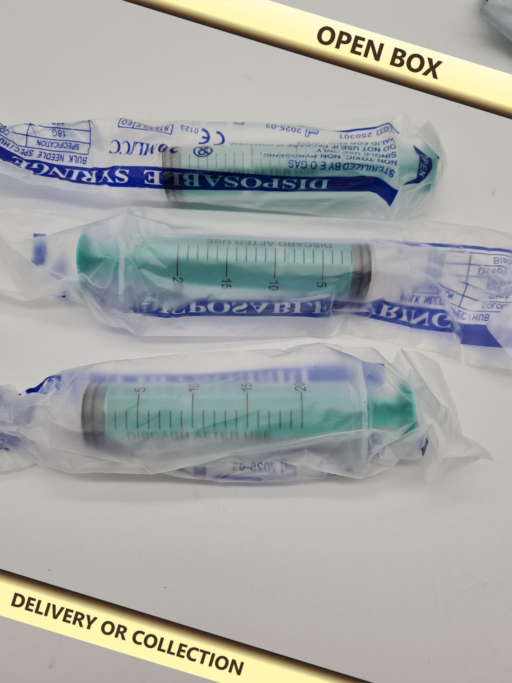 20ml Disposable Syringes – Pack of 3 — photograph 1 — Open box; auction delivery information shown on image