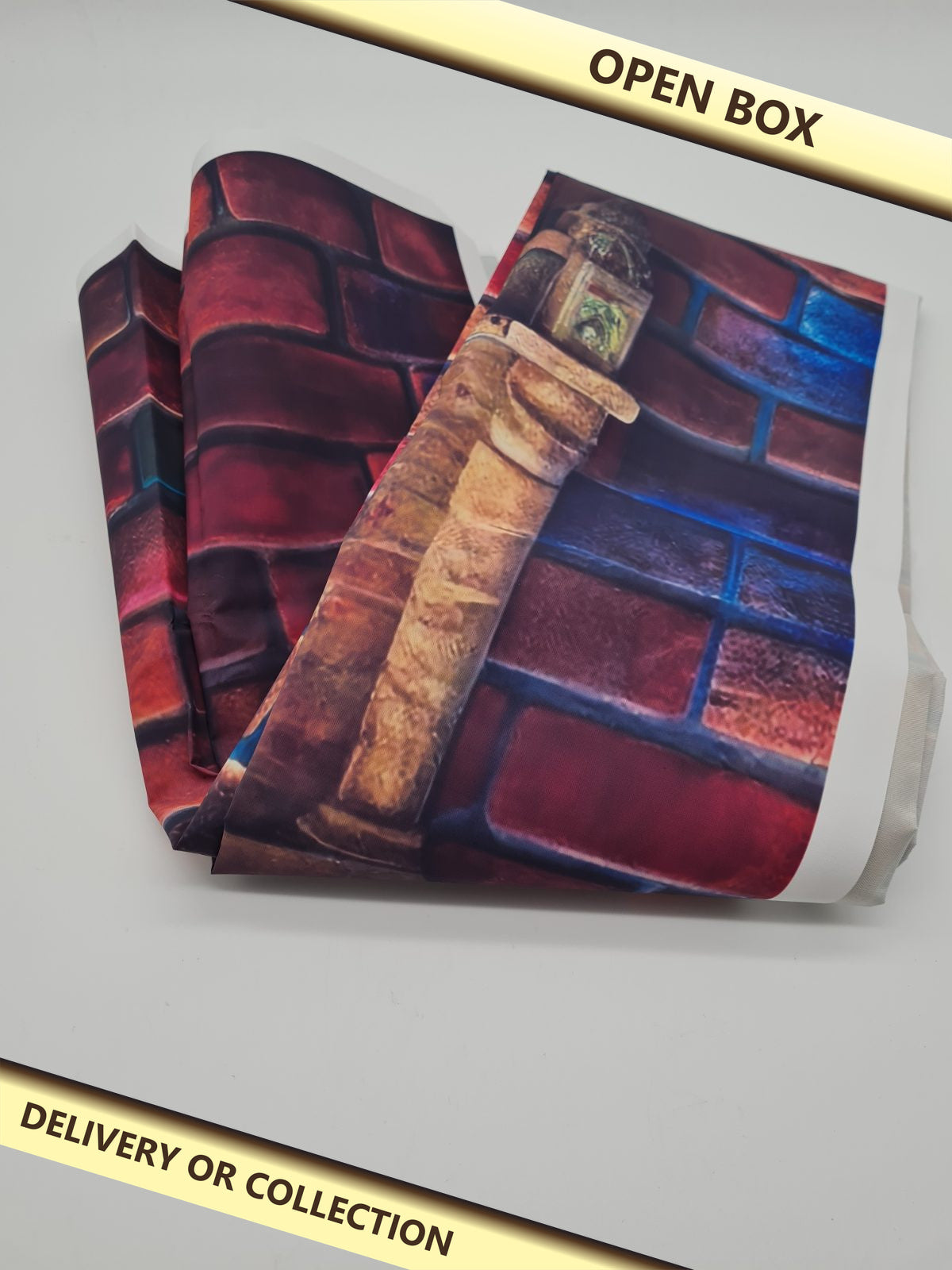 Printed Brick Wall Photography Backdrop — photograph 1 — Open box; auction delivery information shown on image