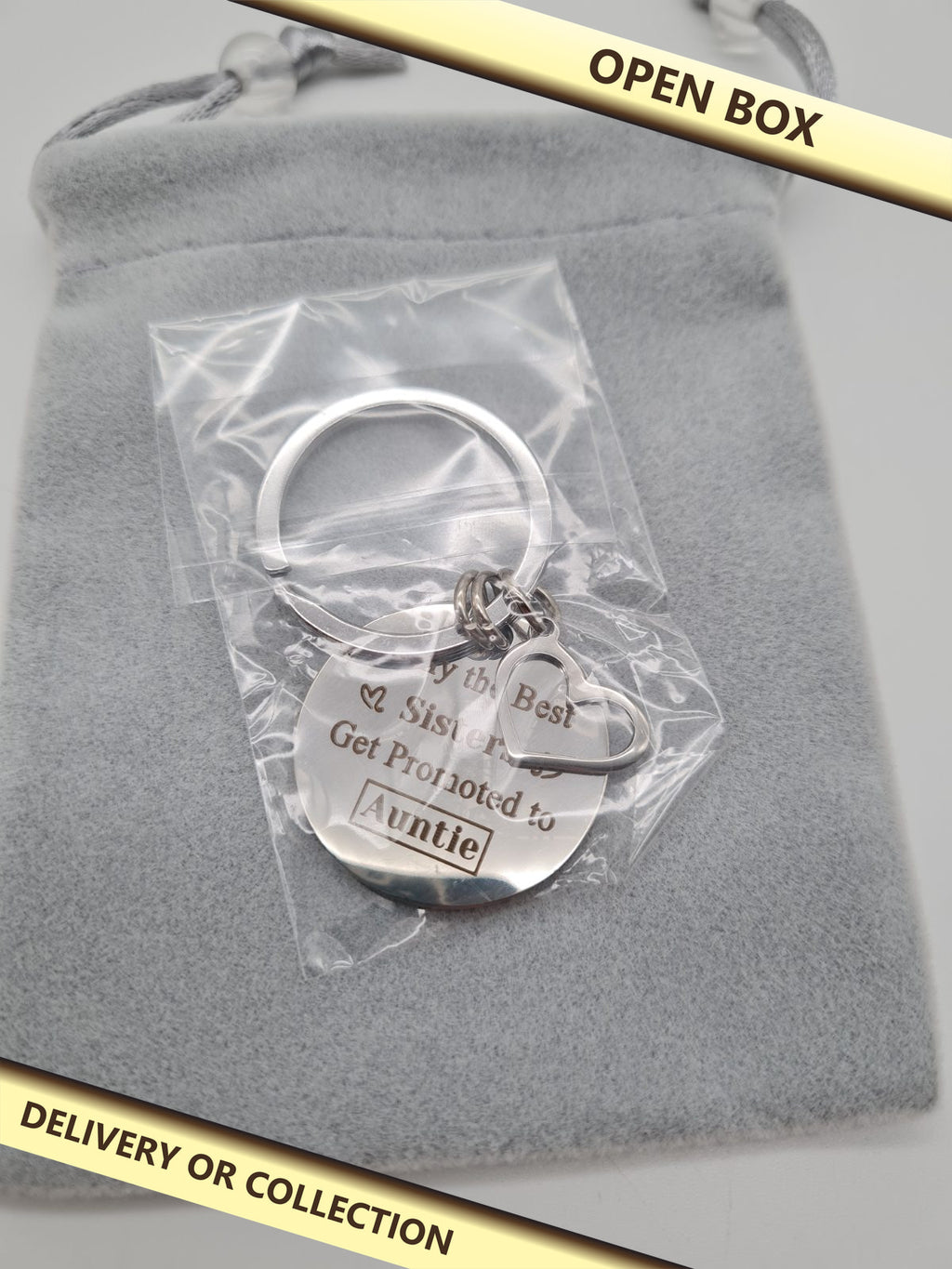 Auntie Gift Keyring with Heart Charm — photograph 1 — Open box; auction delivery information shown on image