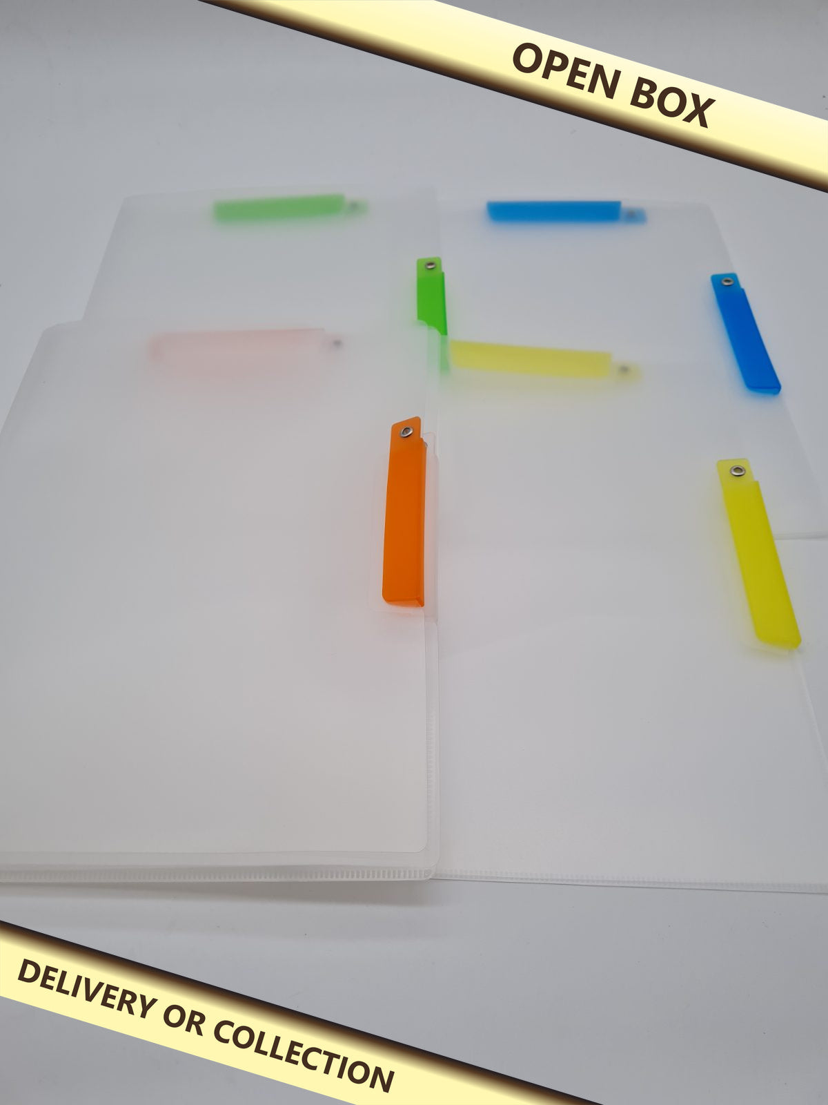 A4 Plastic Document Wallets 4 pack — photograph 1 — Open box; auction delivery information shown on image