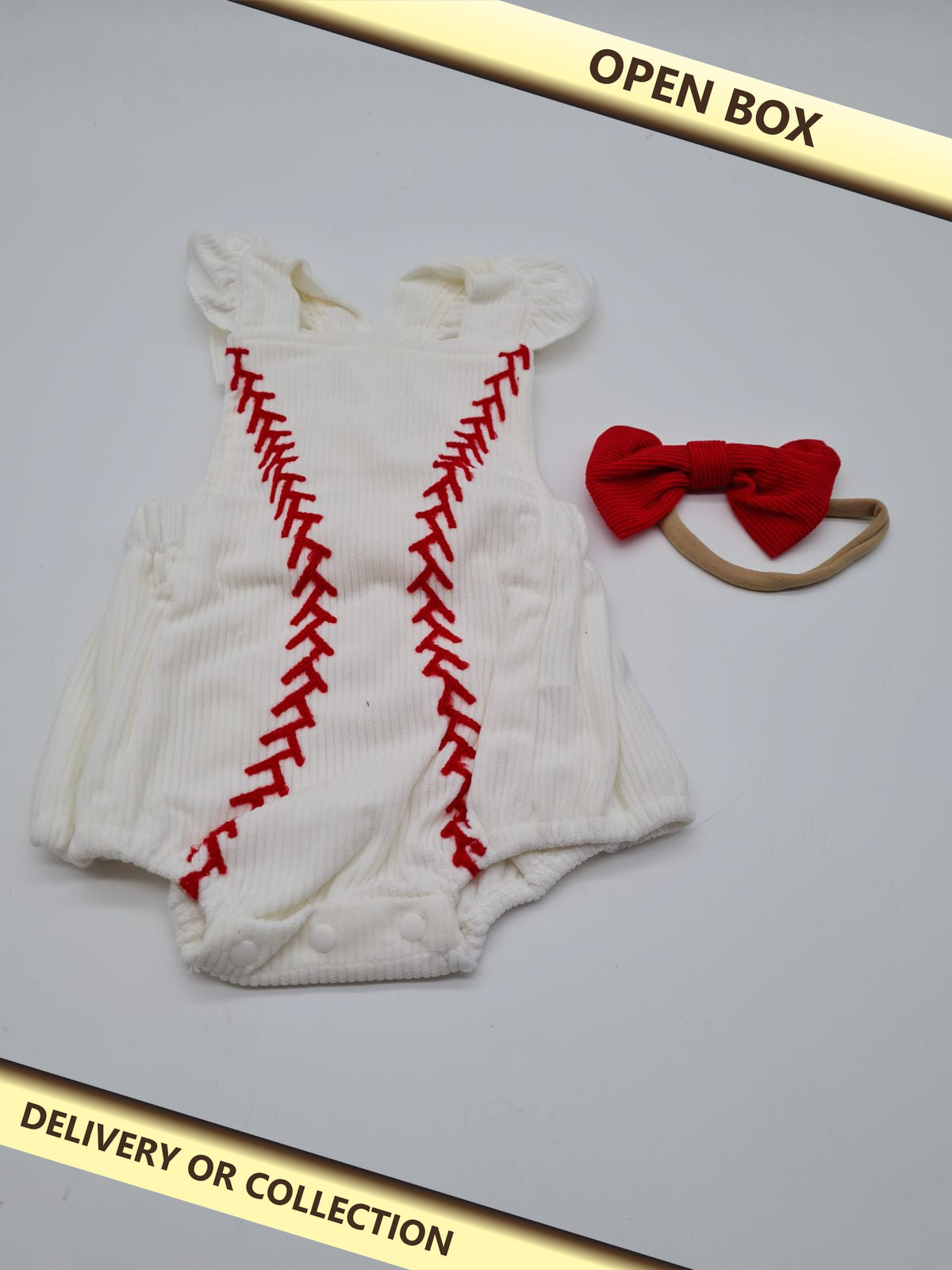 Baby Romper and Bow Headband Set 0-3 Months — photograph 1 — Open box; auction delivery information shown on image