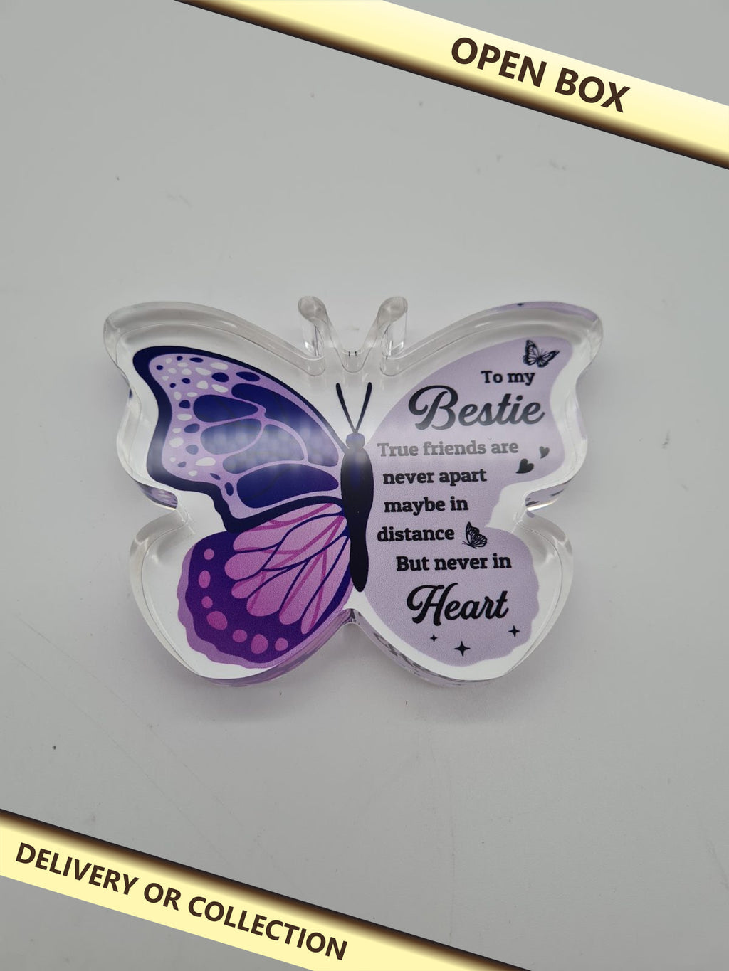 Bestie Friendship Butterfly Ornament — photograph 1 — Open box; auction delivery information shown on image