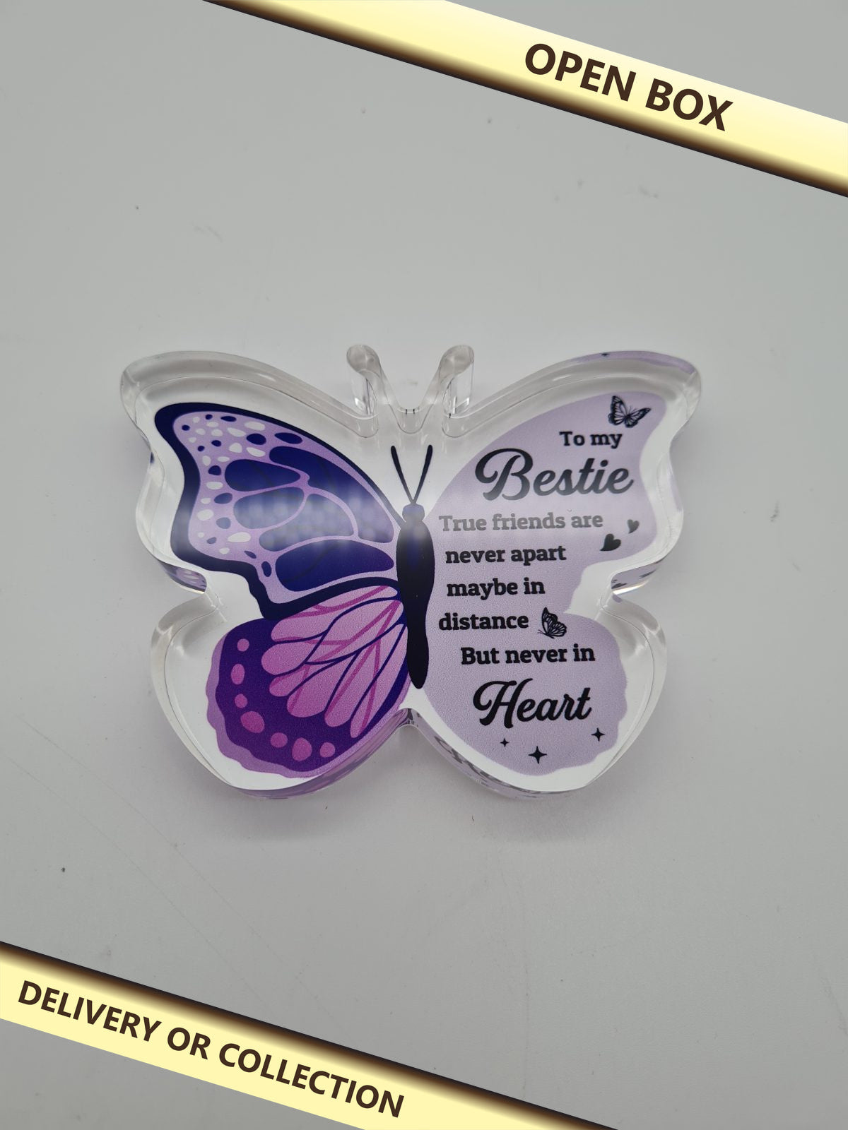 Bestie Friendship Butterfly Ornament — photograph 1 — Open box; auction delivery information shown on image