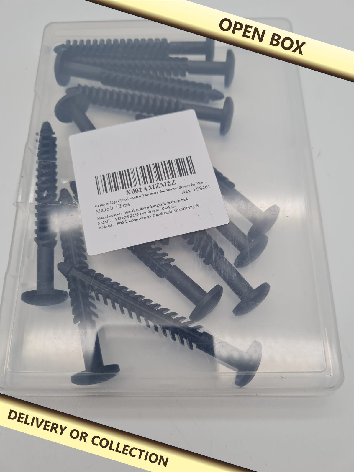 Vinyl shutter push-in fasteners pack of 12 — photograph 1 — Open box; auction delivery information shown on image