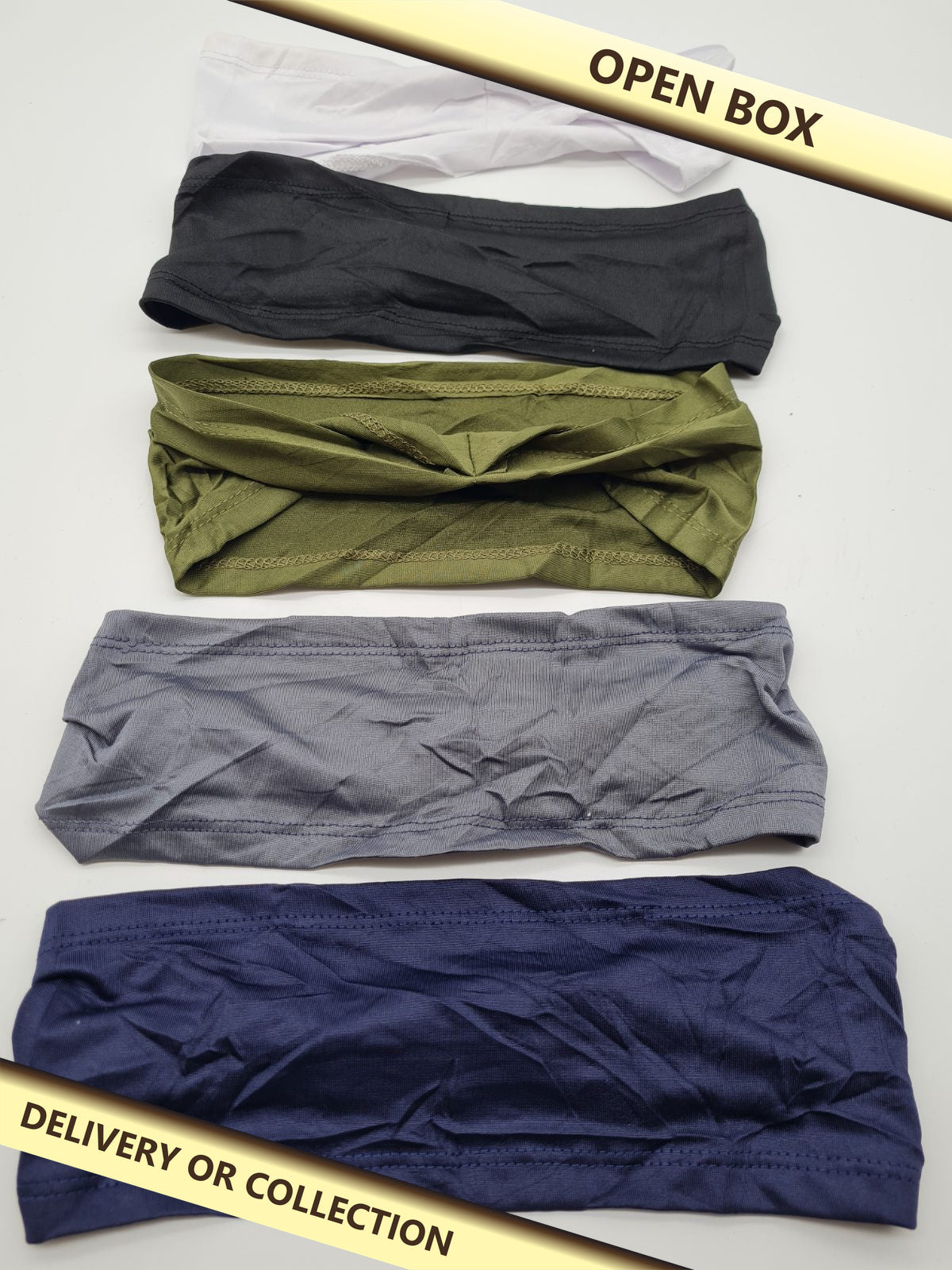 Sports Headbands Set of 5 — photograph 1 — Open box; auction delivery information shown on image
