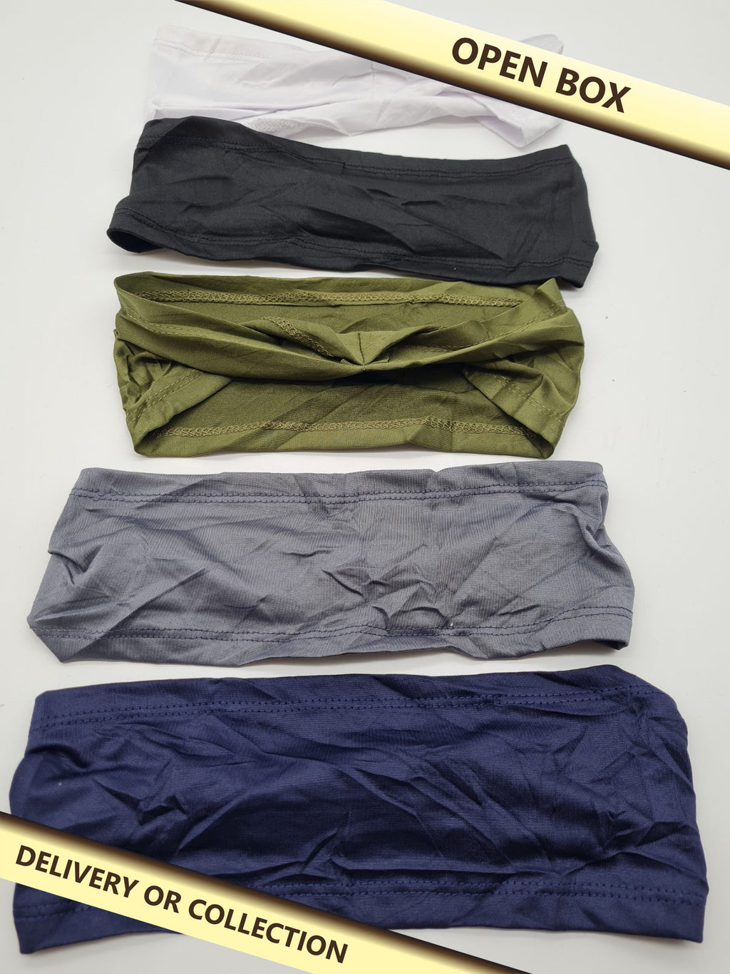 Sports Headbands Set of 5 — photograph 1 — Open box; auction delivery information shown on image