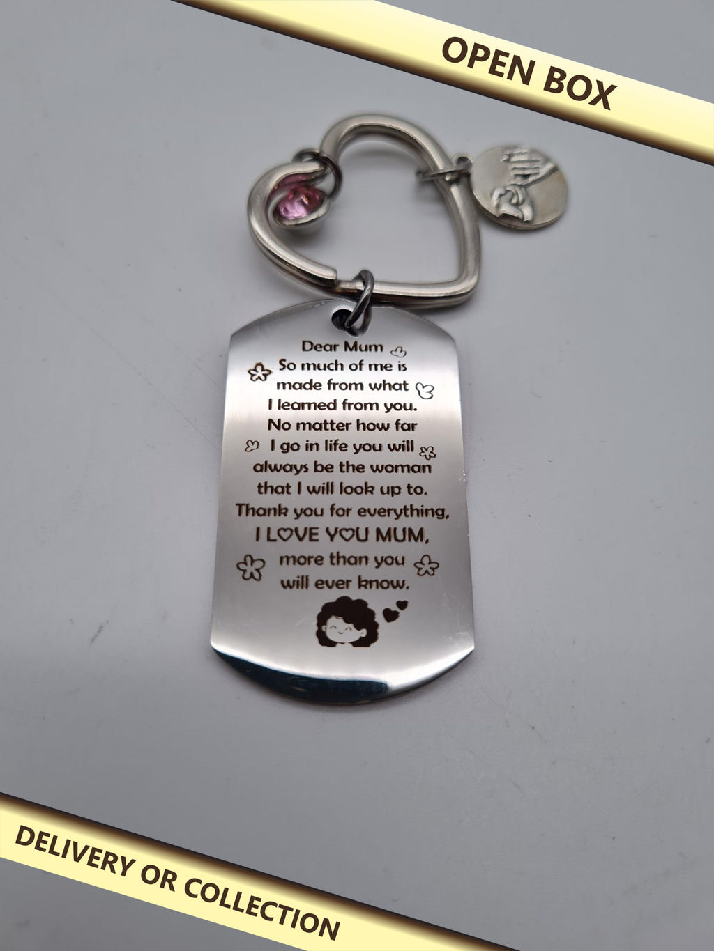Dear Mum engraved heart keyring — photograph 1 — Open box; auction delivery information shown on image
