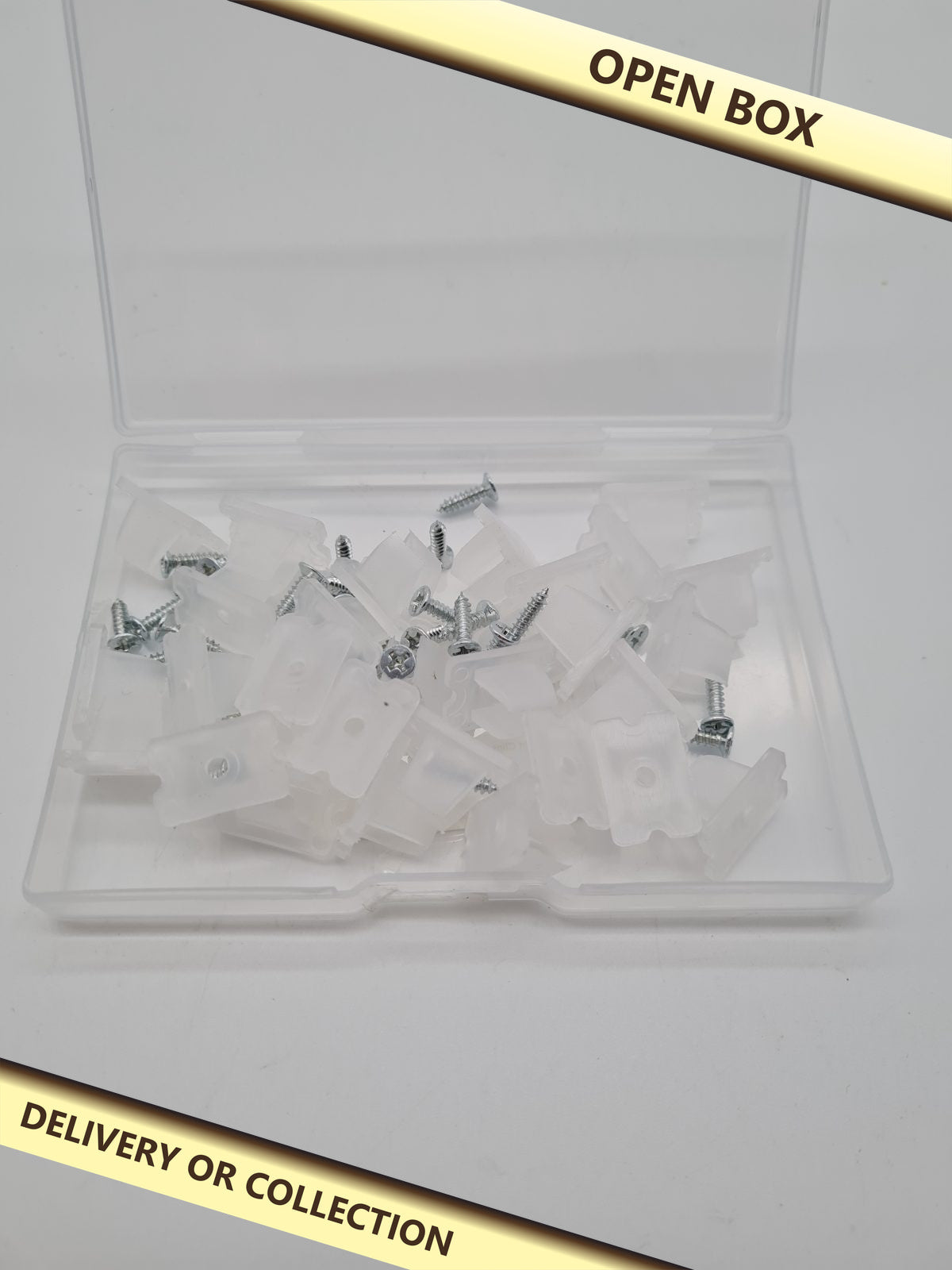 LED strip light mounting clips with screws — photograph 1 — Open box; auction delivery information shown on image