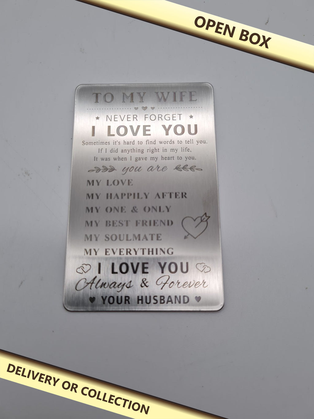 Engraved Wallet Card for Wife — photograph 1 — Open box; auction delivery information shown on image