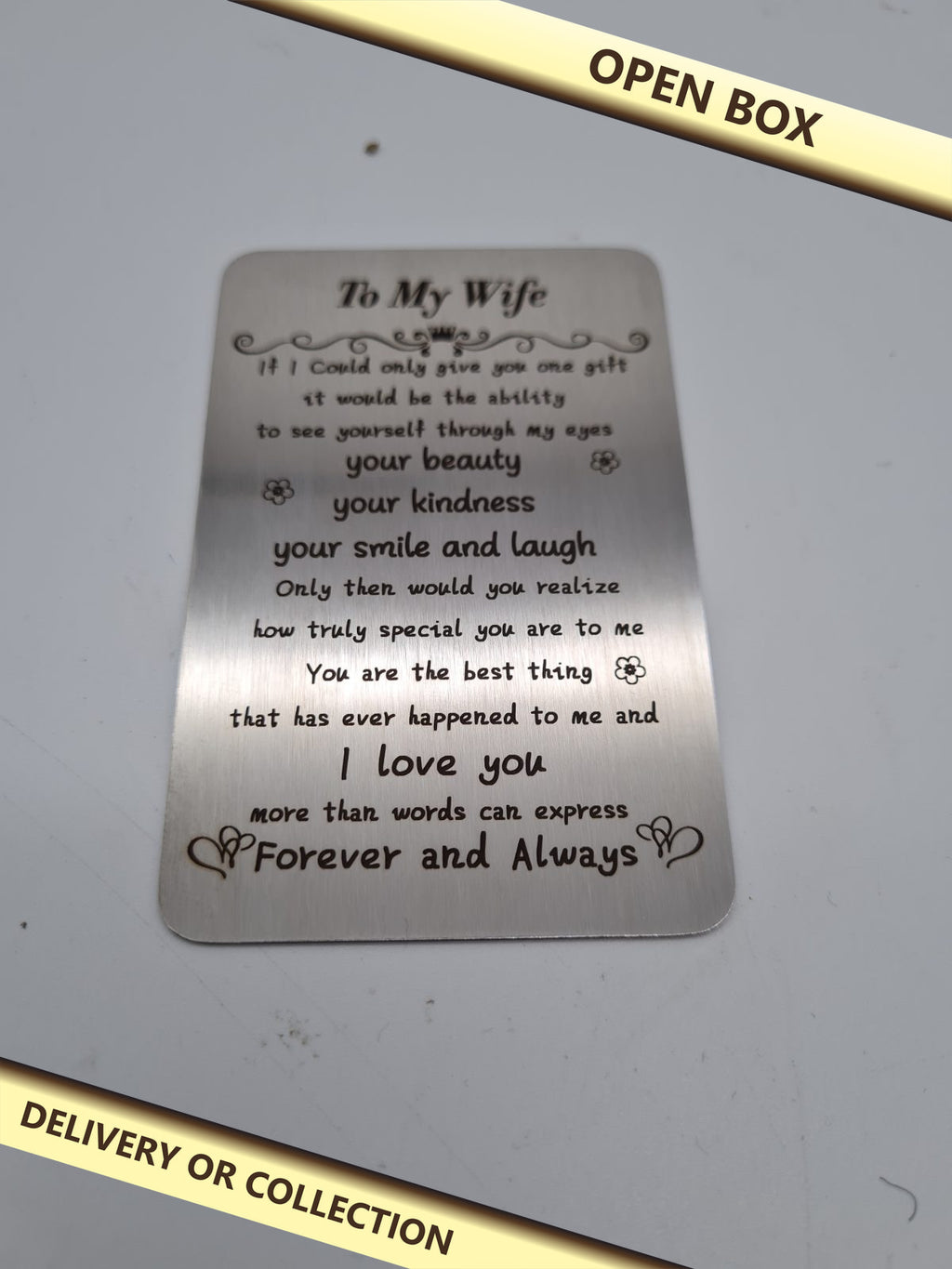 Engraved Metal Wallet Insert Card for Wife — photograph 1 — Open box; auction delivery information shown on image