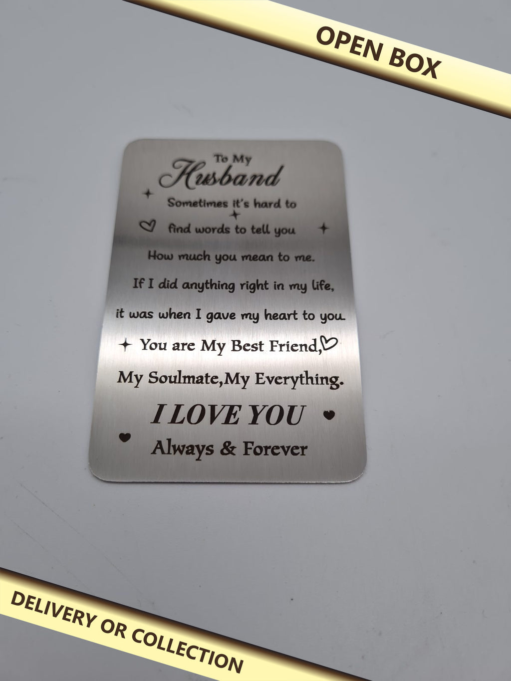 Husband engraved wallet insert keepsake card — photograph 1 — Open box; auction delivery information shown on image