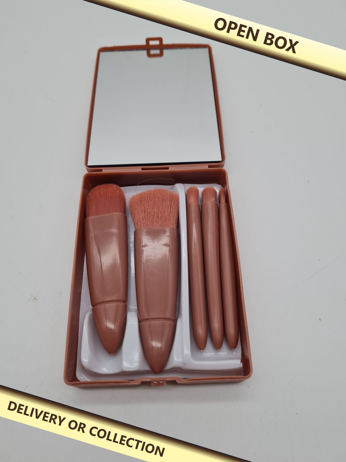 5-Piece Travel Makeup Brush Set with Mirrored Case — photograph 1 — Open box; auction delivery information shown on image