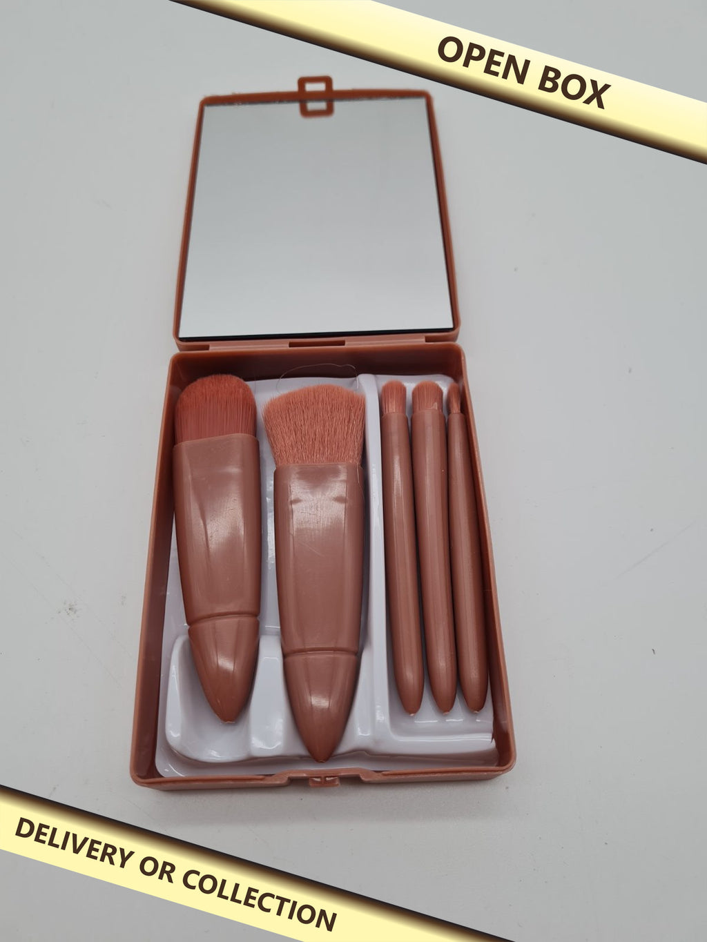 5-Piece Travel Makeup Brush Set with Mirrored Case — photograph 1 — Open box; auction delivery information shown on image
