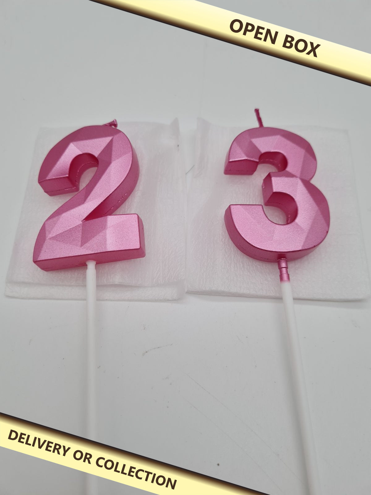 Number 23 Birthday Cake Candles — photograph 1 — Open box; auction delivery information shown on image