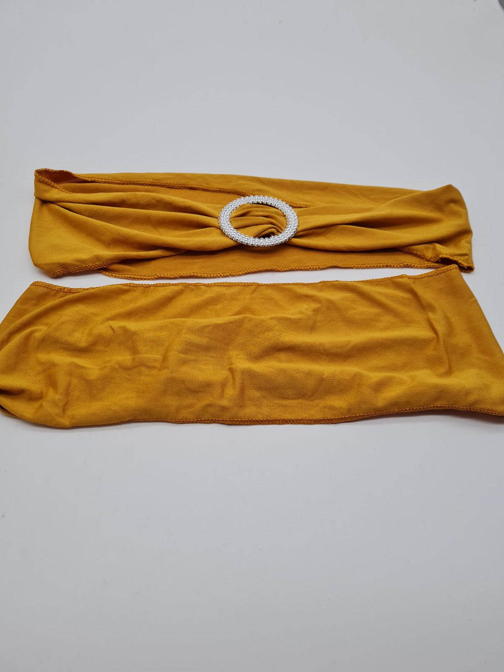 50 pcs Mustard Gold Elastic Chair Sash Bands with Diamante-Effect Ring Buckles — photograph 2