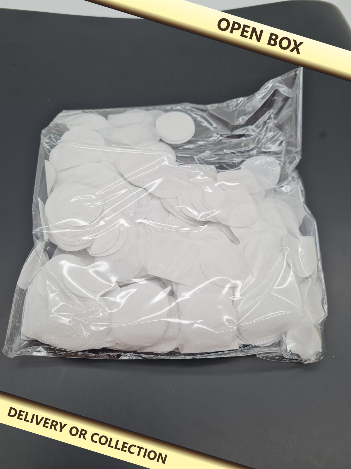 Round Paper Confetti — photograph 1 — Open box; auction delivery information shown on image