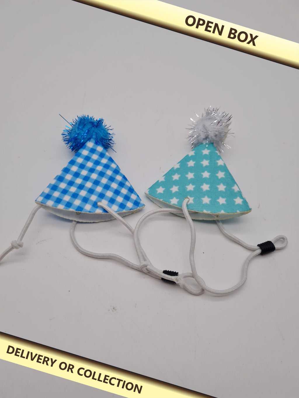 Set of 10 Mini Pet Party Hats — photograph 1 — Open box; auction delivery information shown on image