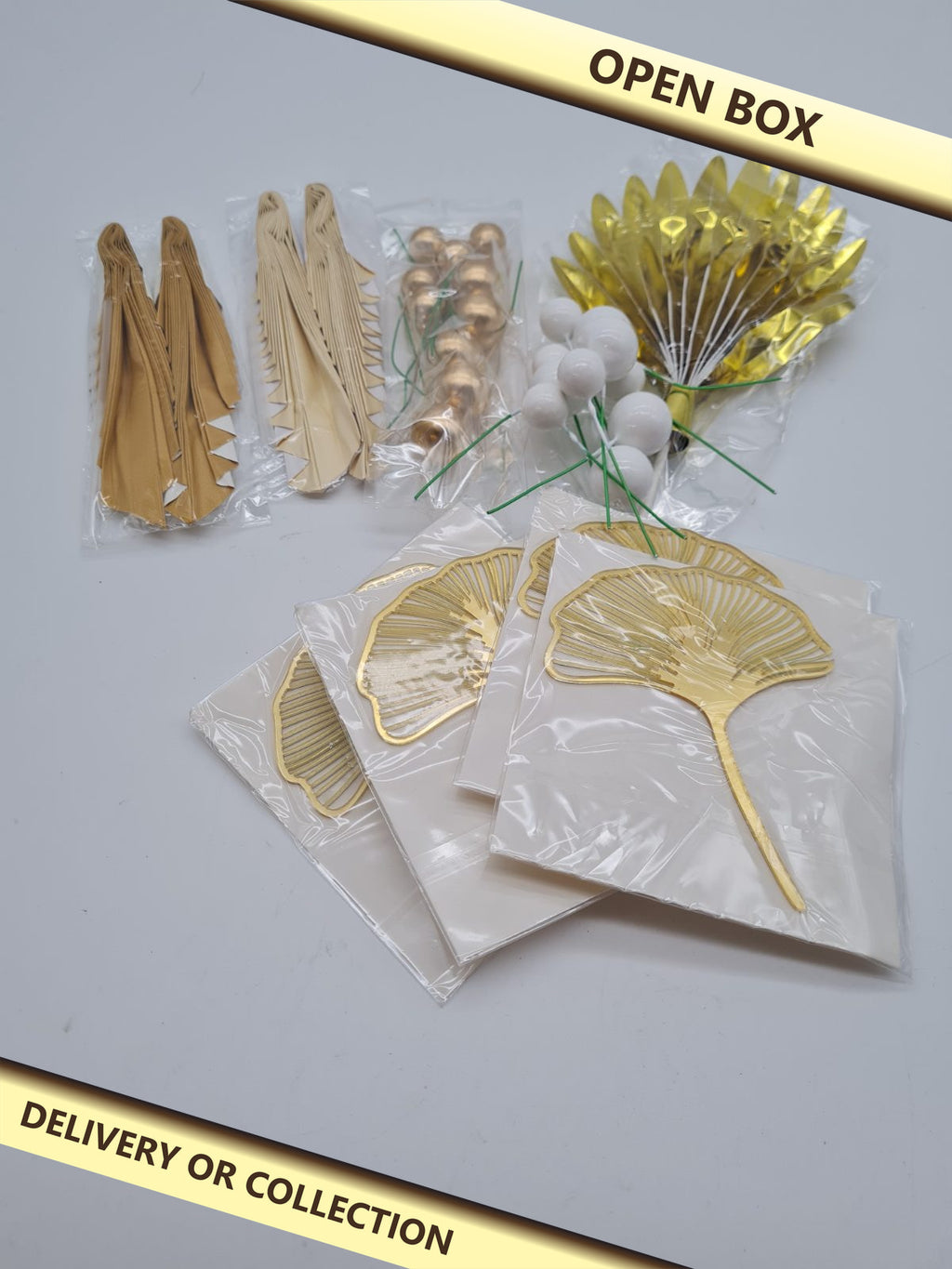 Assorted Botanical Cake Topper Decoration Set 29 pcs — photograph 1 — Open box; auction delivery information shown on image