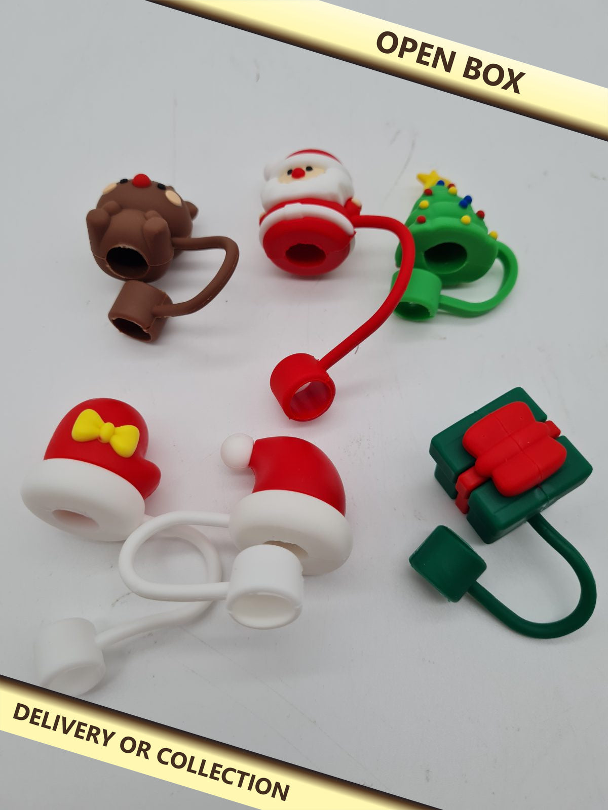 Set of 6 Christmas-Themed Straw Topper Caps — photograph 1 — Open box; auction delivery information shown on image