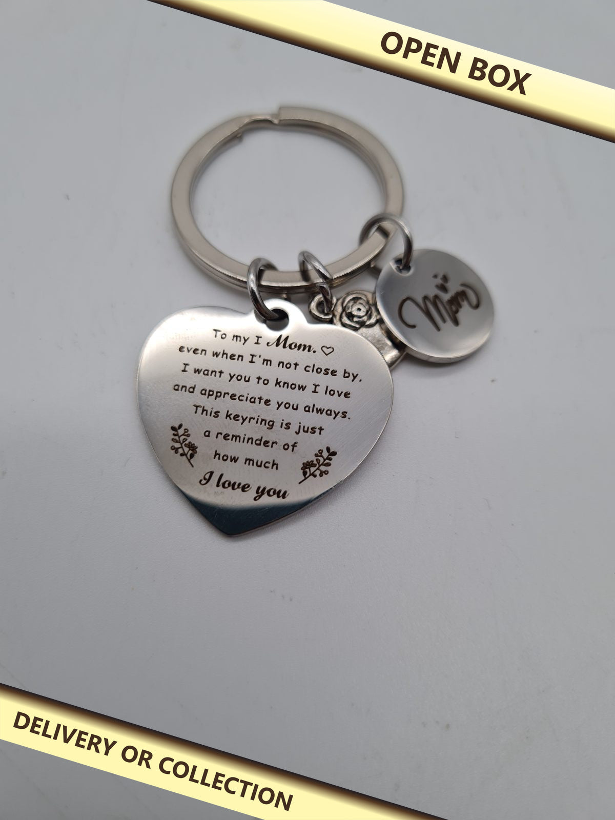 Mother Sentiment Heart Keyring — photograph 1 — Open box; auction delivery information shown on image