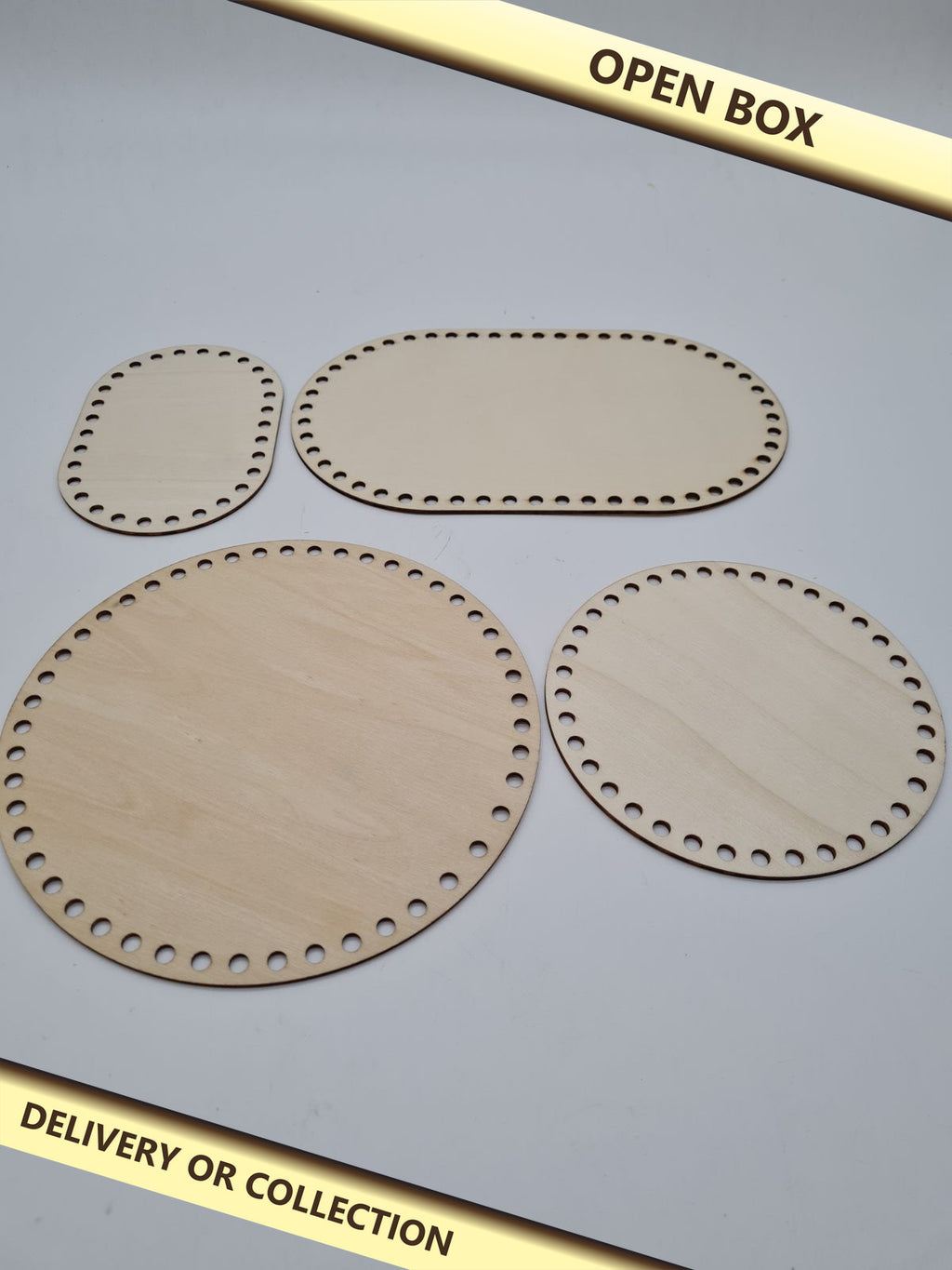 Set of 4 Wooden Basket Bases for Craft Making — photograph 1 — Open box; auction delivery information shown on image