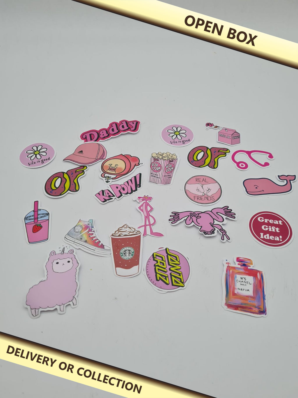 100pcs Assorted Decorative Stickers — photograph 1 — Open box; auction delivery information shown on image