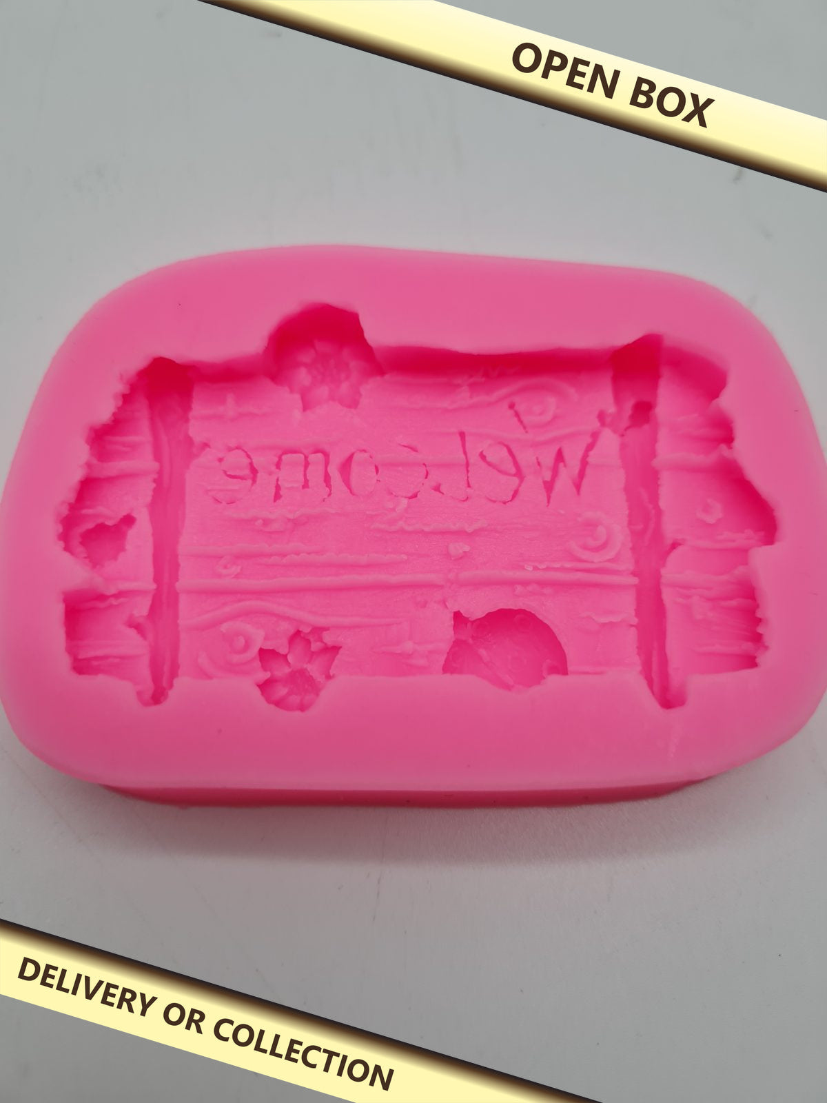 Fairy Garden Welcome Sign Silicone Craft Mould — photograph 1 — Open box; auction delivery information shown on image